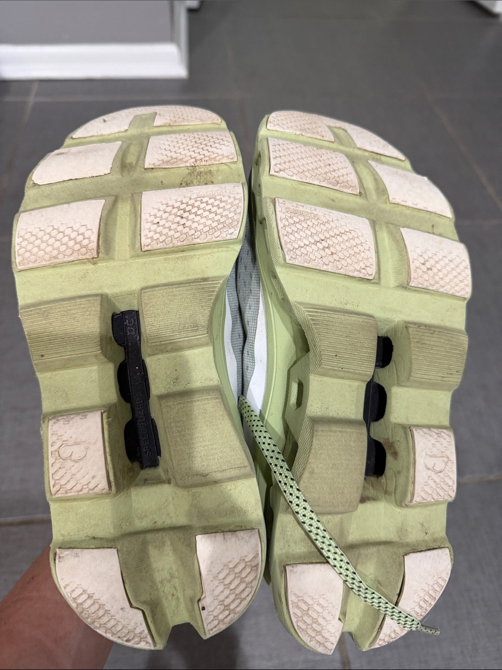 On Running Cloudmonster Sneakers - Light Gray, Neon Lime & Red Accents - Picture 3 of 6